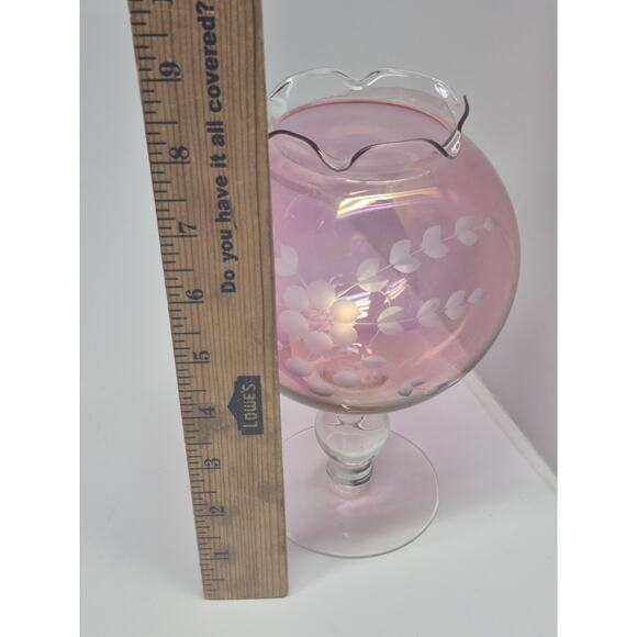 MCM Mid Century CRANBERRY Flashed FLORAL & FERN Etched Glass IVY BALL VASE Globe - Picture 5 of 6